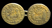 Linked copper alloy buttons with the molded pattern of a Mexico City pillar dollar coin. The lettering reads, &ldquo;UTRAQUE UNUM&rdquo; and &ldquo;.M.1769.M.&rdquo;  - click on image for larger view.